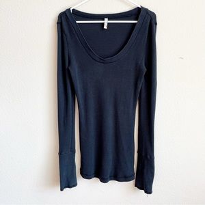 Free People Waffle Knit Top Embellished Cuffs Decorative Scoop Neck Fitted